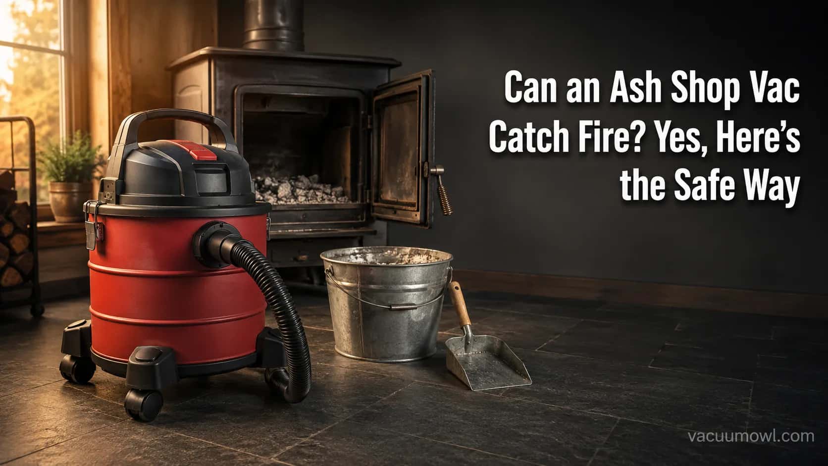 Red shop vac beside a cold wood-stove firebox with a metal ash bucket and hand shovel.