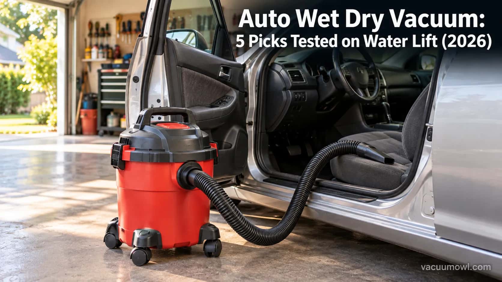 auto wet dry vacuum beside an open car door set up for interior detailing