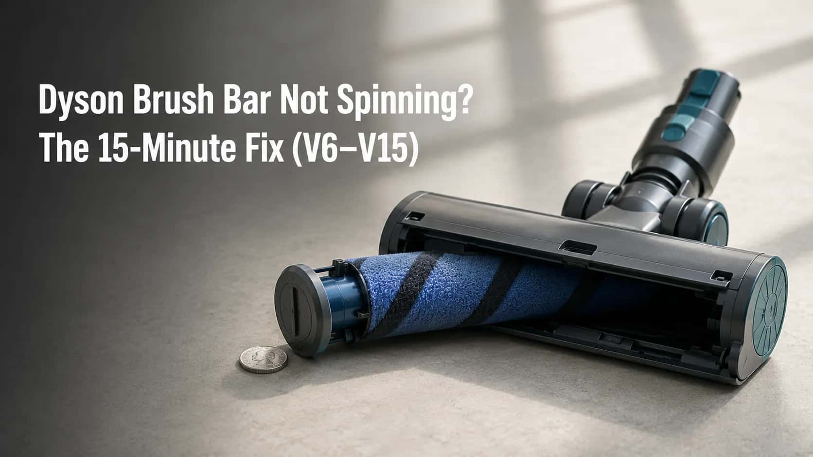 Featured cover image showing a cordless vacuum cleaner head on its back with the brush roll slightly pulled out and a coin beside the end cap, with the title “Dyson Brush Bar Not Spinning? The 15-Minu