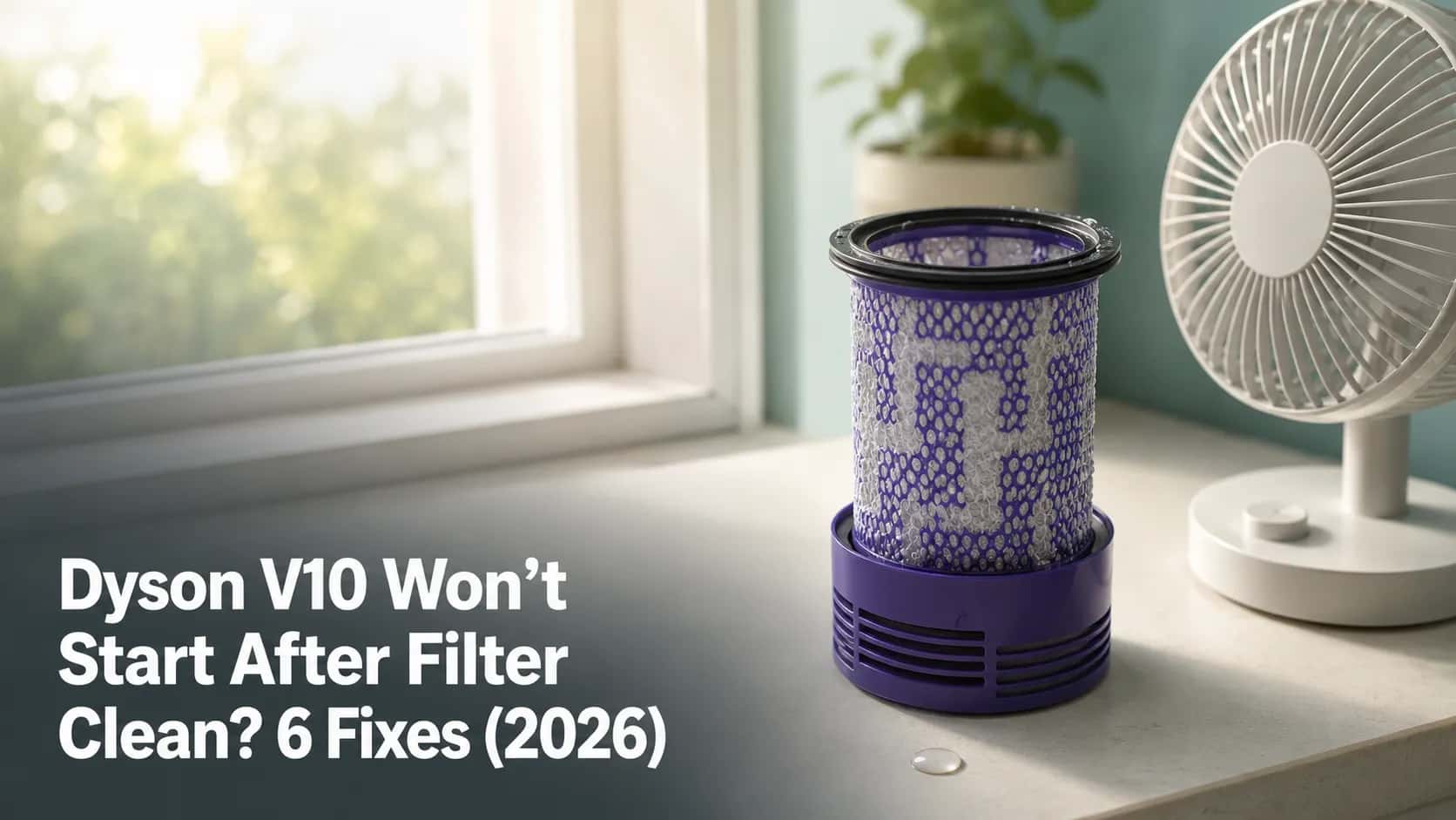 Dyson V10 filter drying upright on a bright windowsill beside a small white fan, with the title “Dyson V10 Won’t Start After Filter Clean? 6 Fixes (2026)”.