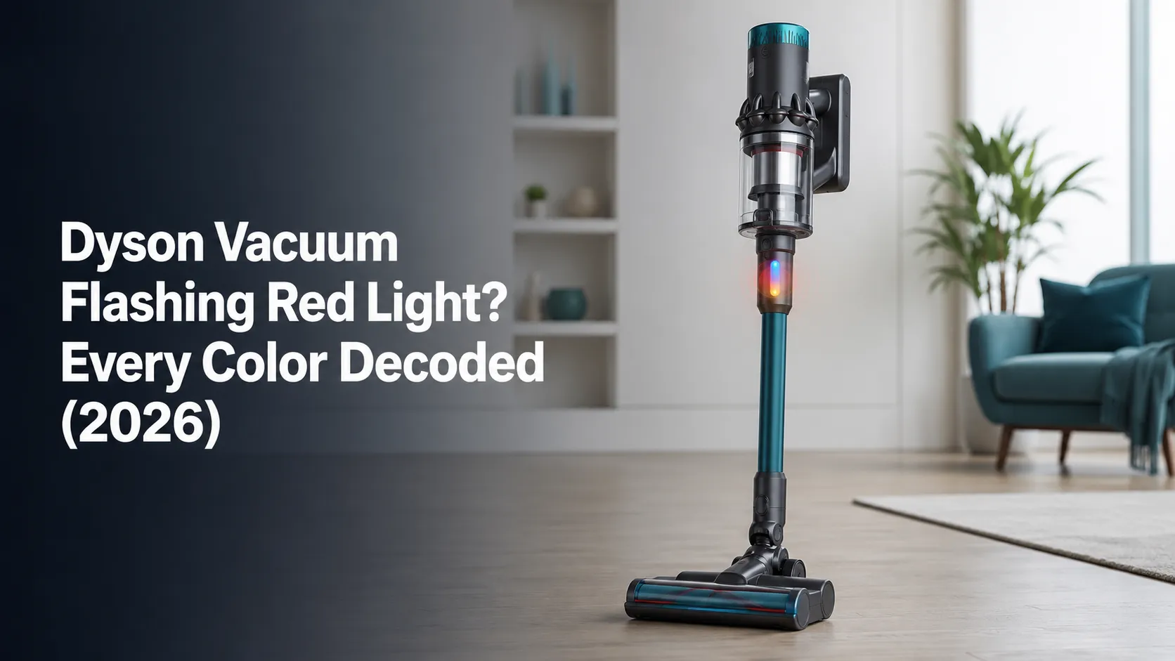 Cordless stick vacuum standing upright in a bright home with a glowing battery indicator, alongside the title Dyson Vacuum Flashing Red Light? Every Color Decoded (2026).