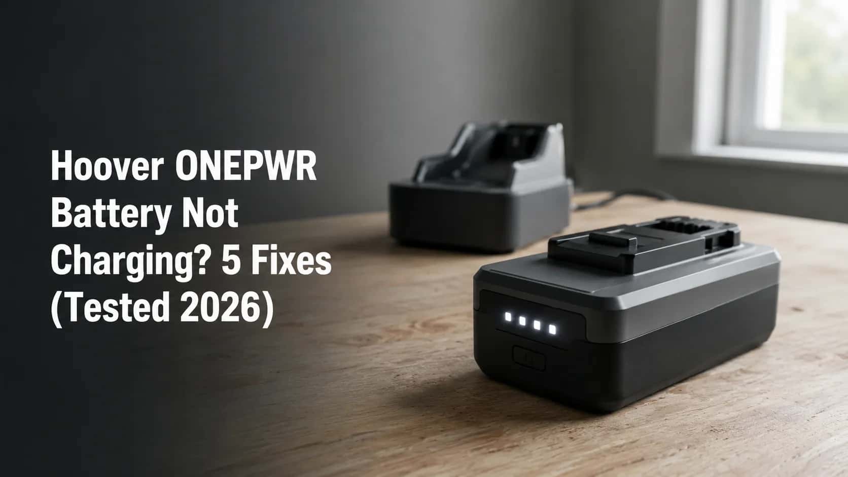 Hoover ONEPWR battery pack with four illuminated charge indicators on a wooden workbench beside its charging dock, with the title “Hoover ONEPWR Battery Not Charging? 5 Fixes (Tested 2026)”.