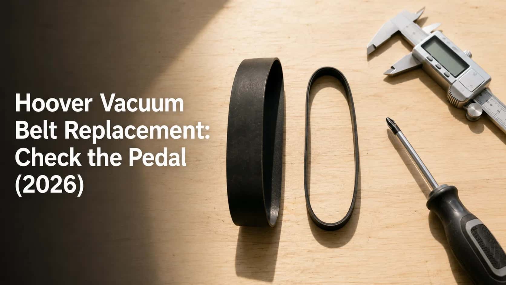 Two different black vacuum drive belts beside digital calipers and a Phillips screwdriver on a birch workbench, illustrating why the pedal and model type must be checked before replacement.