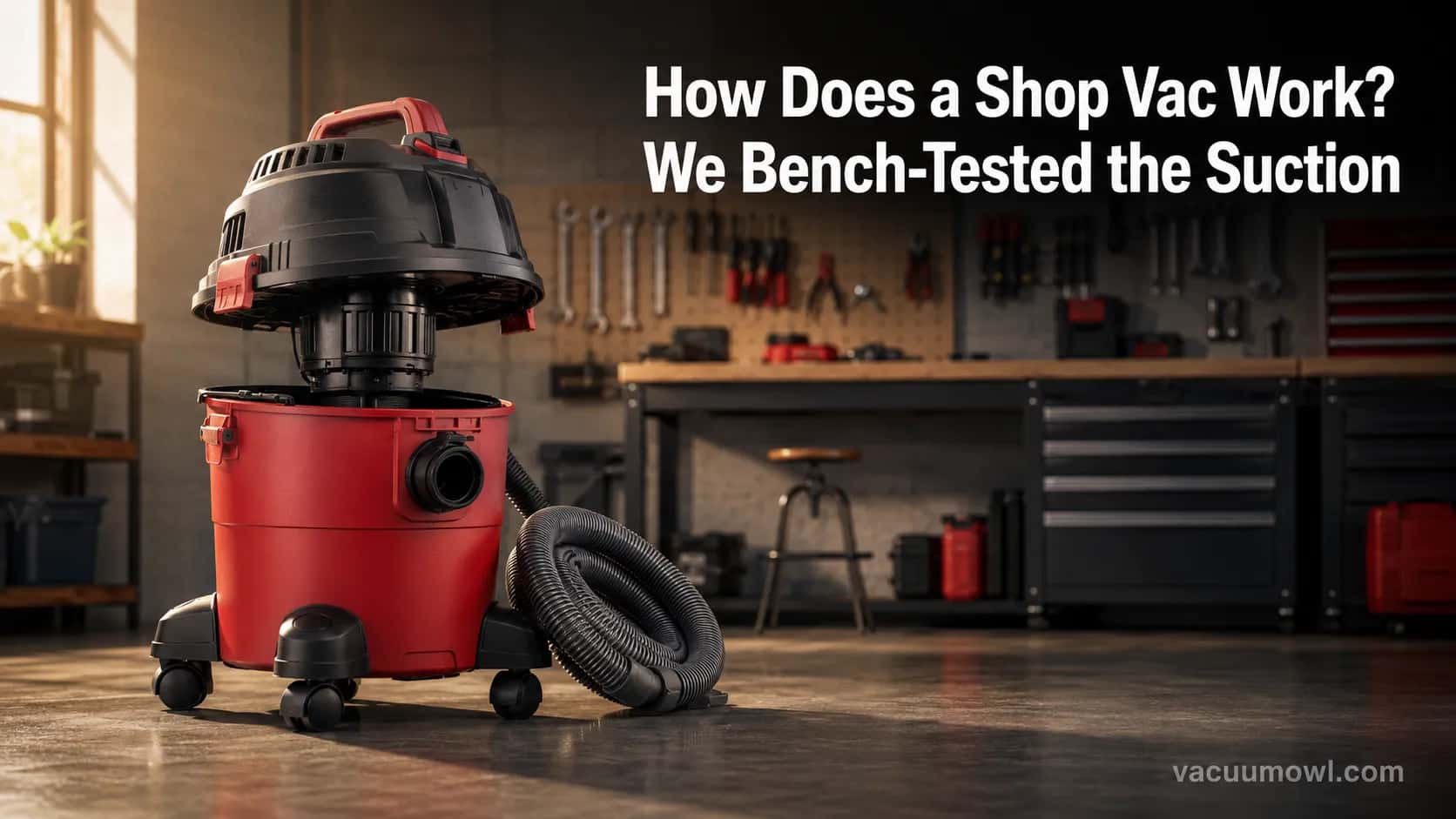 Red canister shop vac in a workshop illustrating how a shop vac works