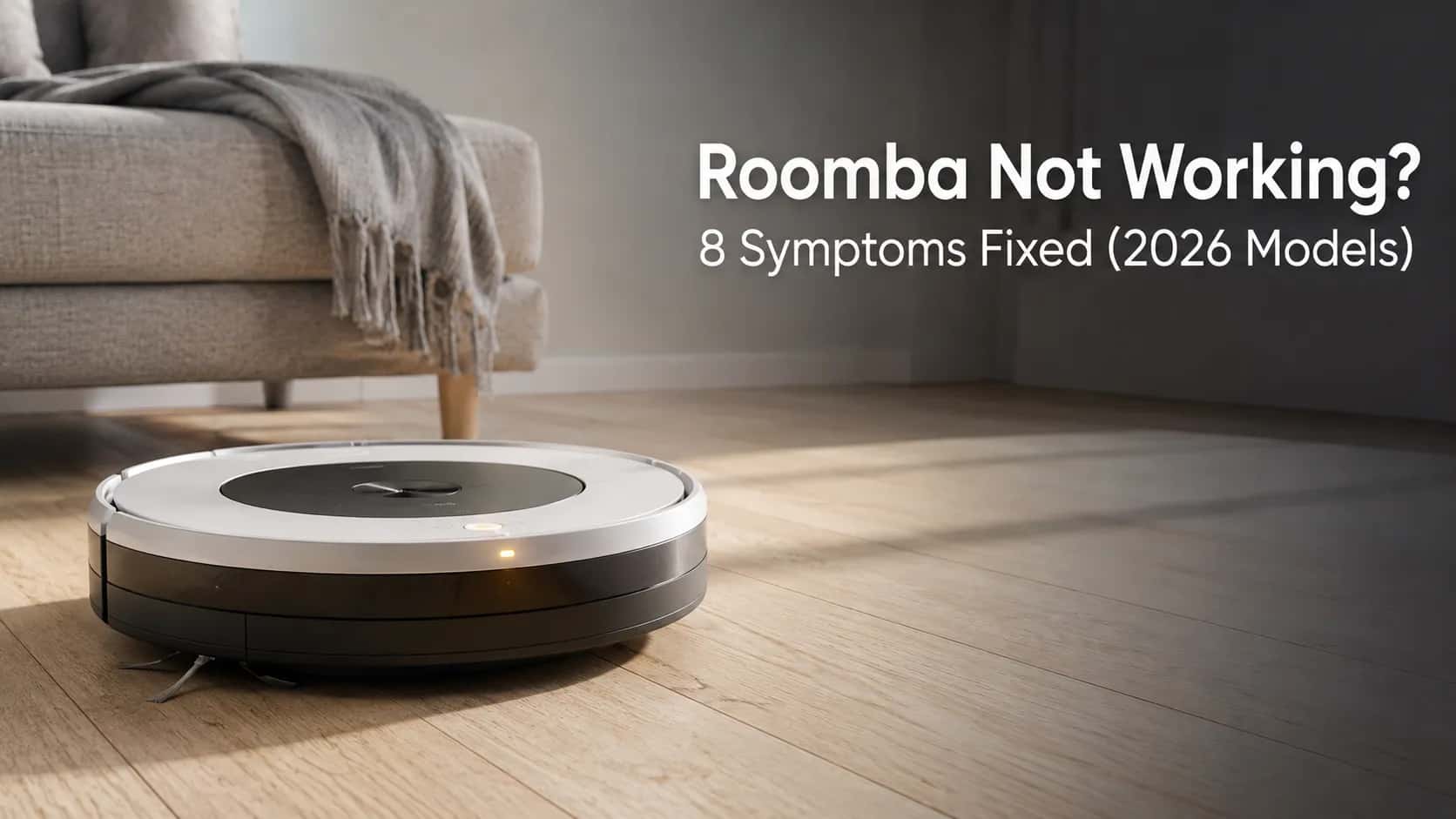 Roomba robot vacuum sitting still with an amber warning light on in a living room, illustrating 8 common Roomba problems and fixes for 2026 models