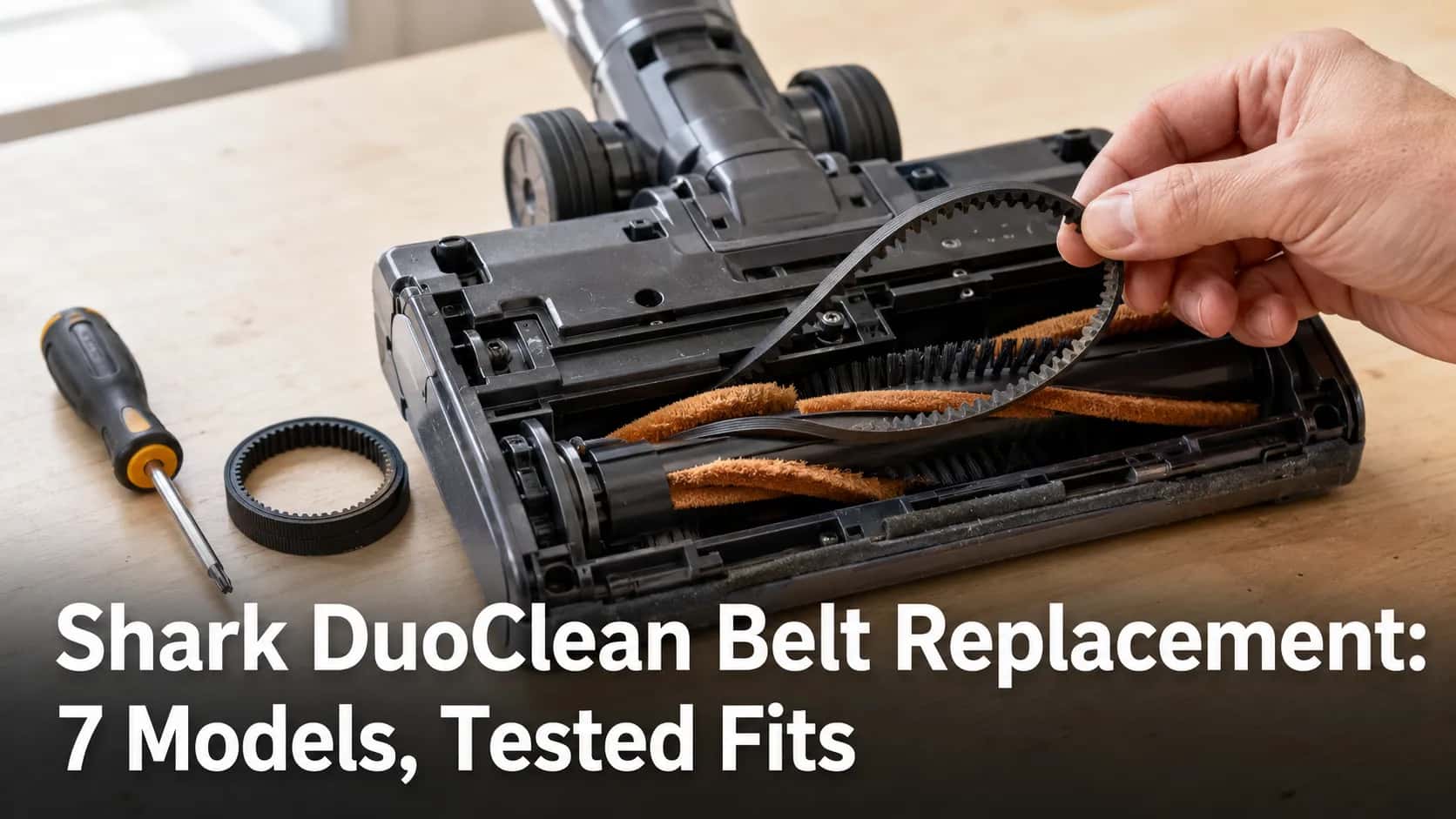Open Shark-style DuoClean upright vacuum floor nozzle with a drive belt lifted from the brushroll, a Torx screwdriver and replacement belt nearby on a workbench.