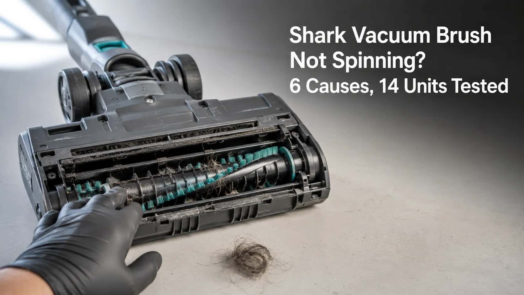 Shark-style vacuum floor nozzle flipped over with exposed brush roll, hair buildup and gloved hand inspection, illustrating common causes of a vacuum brush not spinning.