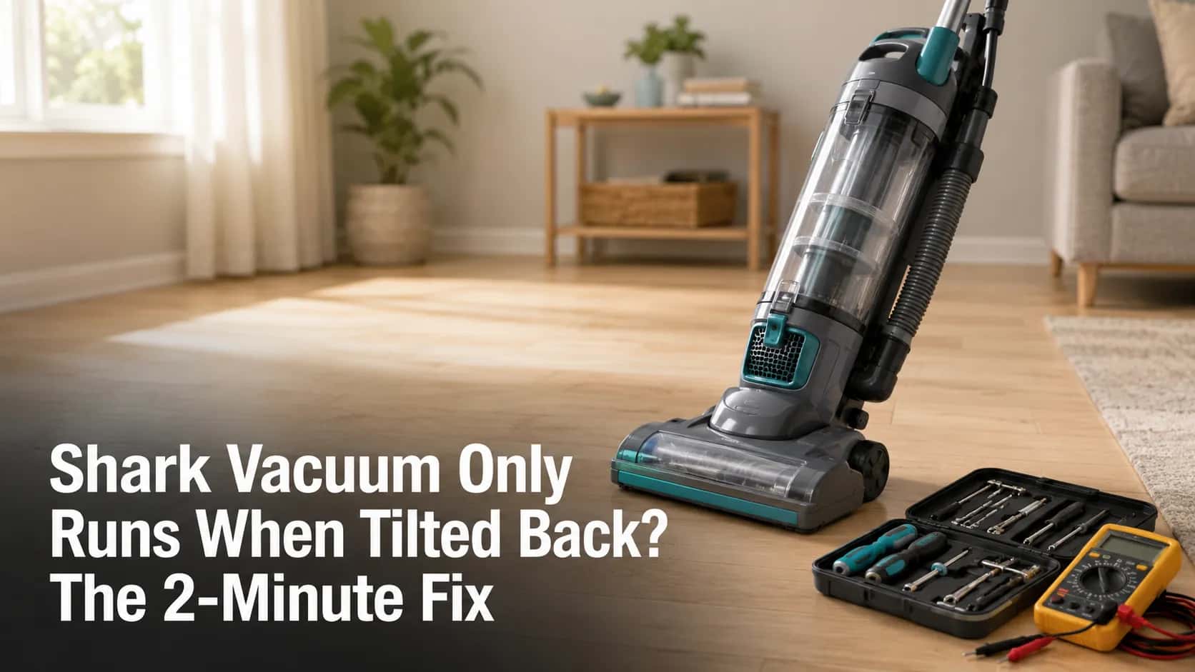 Shark-style upright vacuum tilted back on hardwood floor with repair tools and multimeter, illustrating a quick fix for a vacuum that only runs when tilted back.