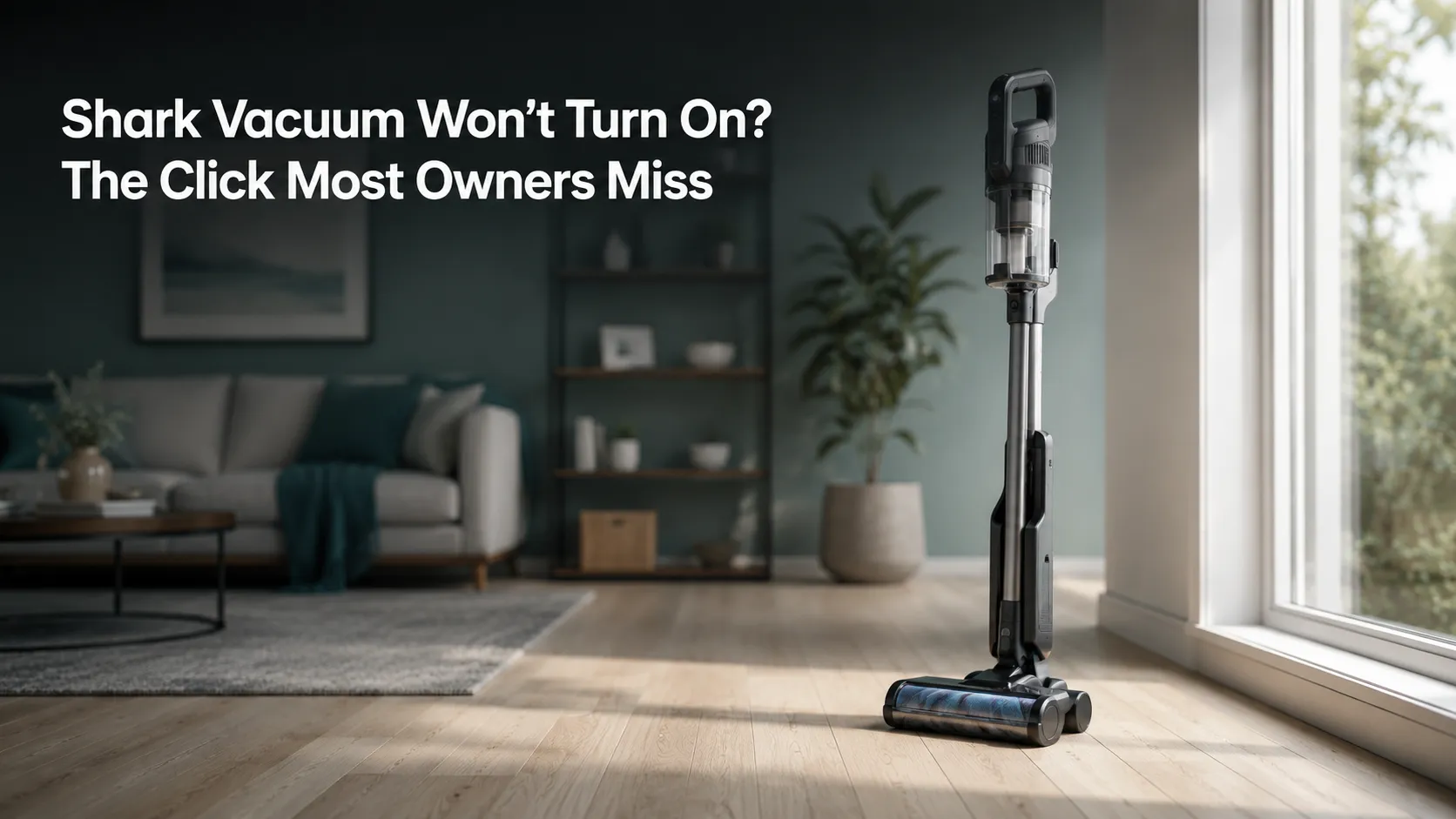 Cordless Shark-style stick vacuum standing on light oak flooring beside a bright window, with title text about why a Shark vacuum will not turn on.