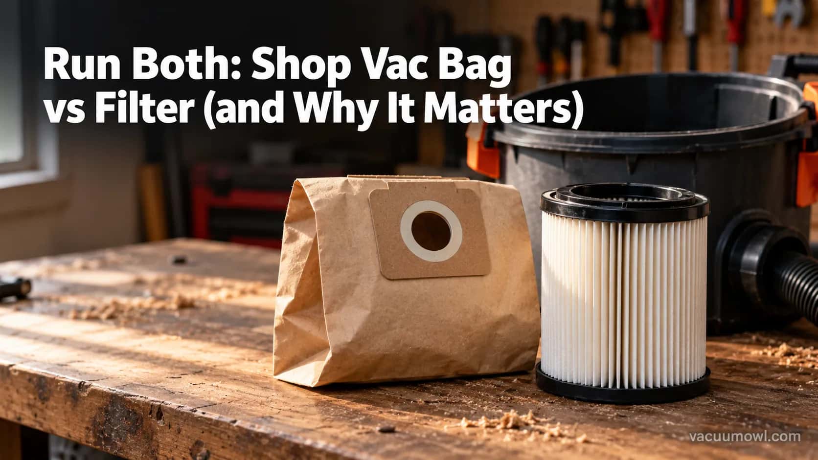 A shop vac collection bag and a pleated cartridge filter side by side on a workbench beside an open tank.