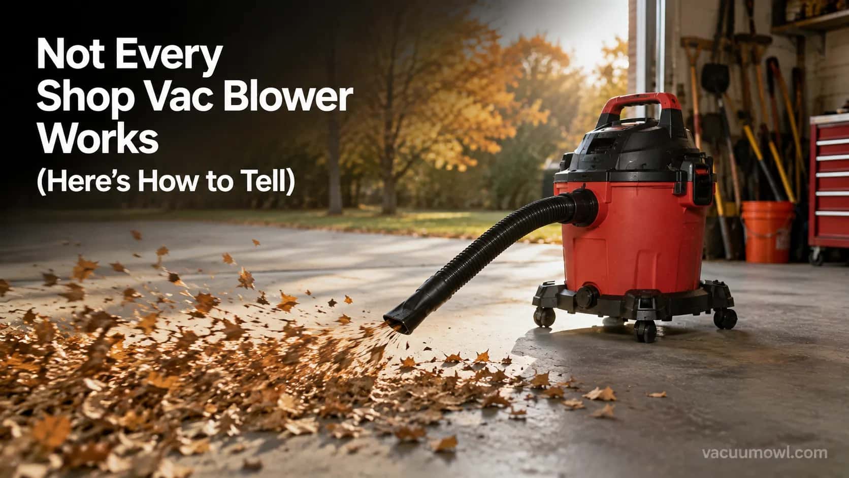 shop vac blower clearing dry leaves across a garage floor