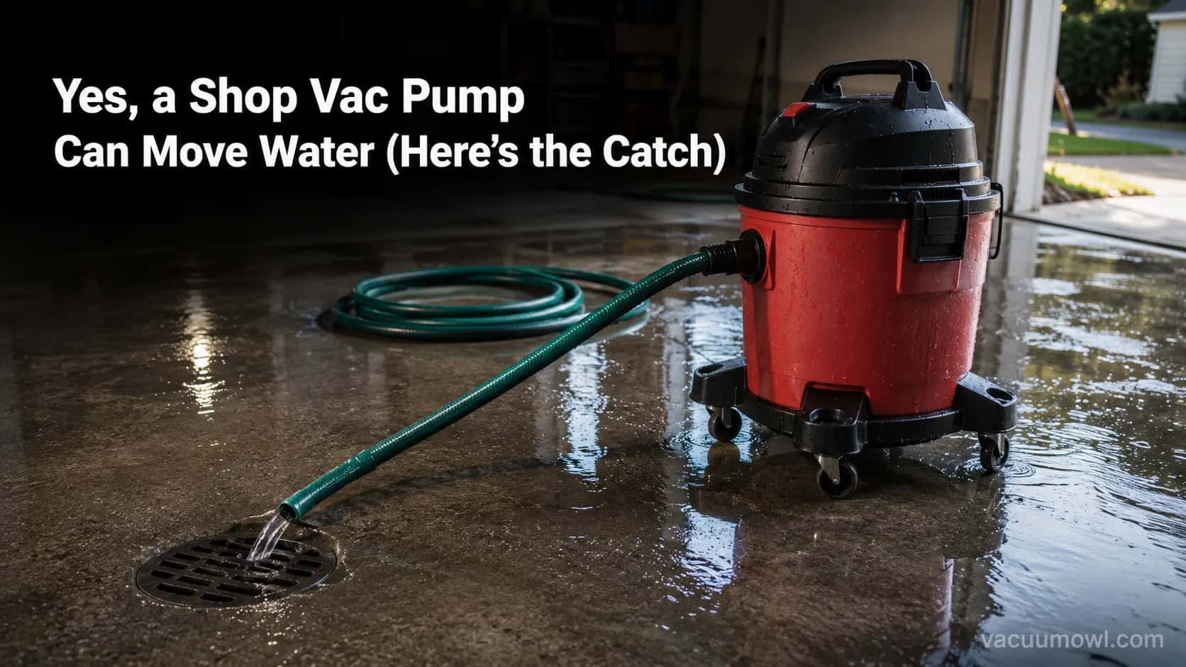 Red-and-black shop vacuum draining water across a wet garage floor through a green garden hose.