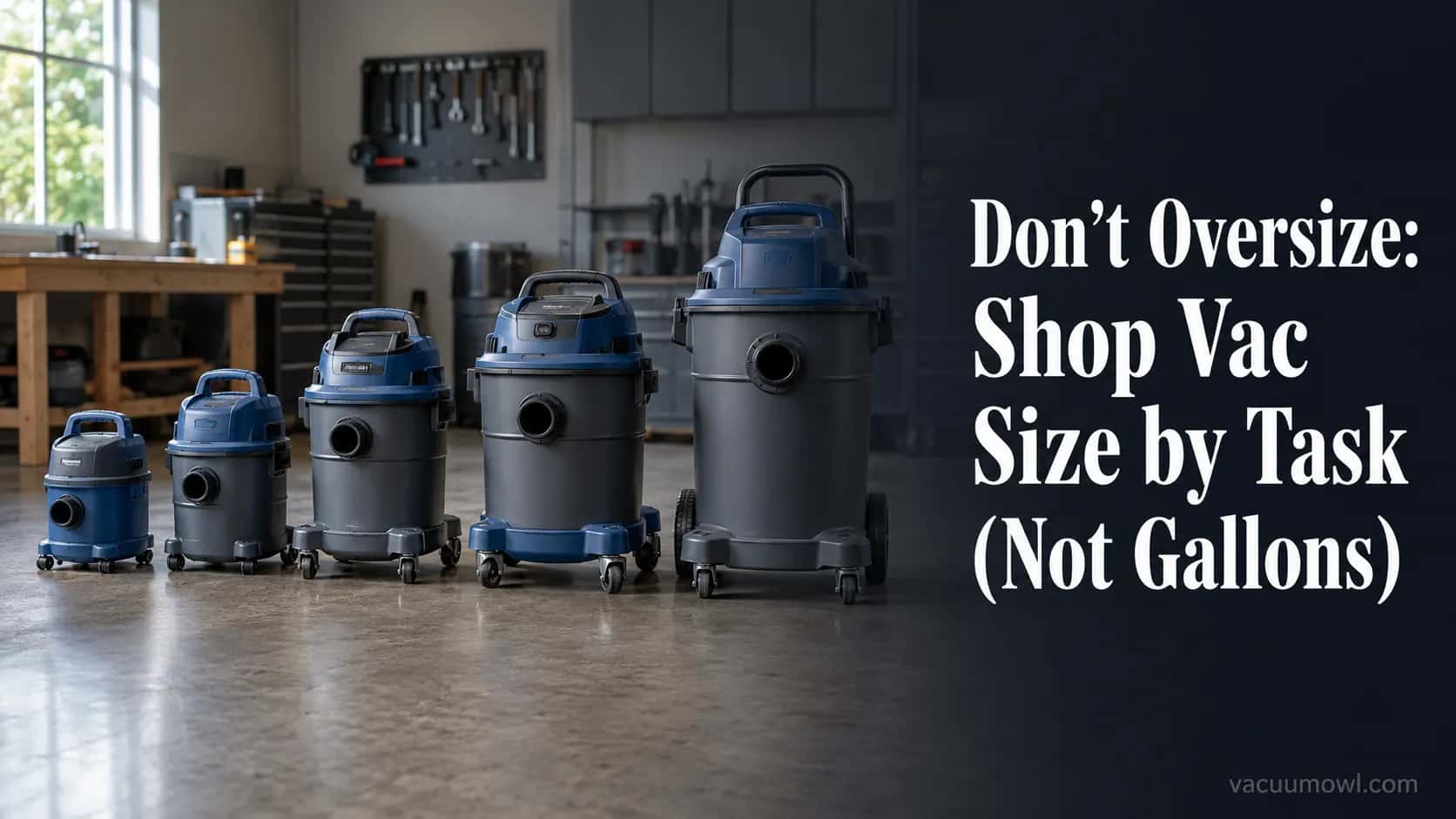 five shop vacuums lined up by gallon size on a garage floor