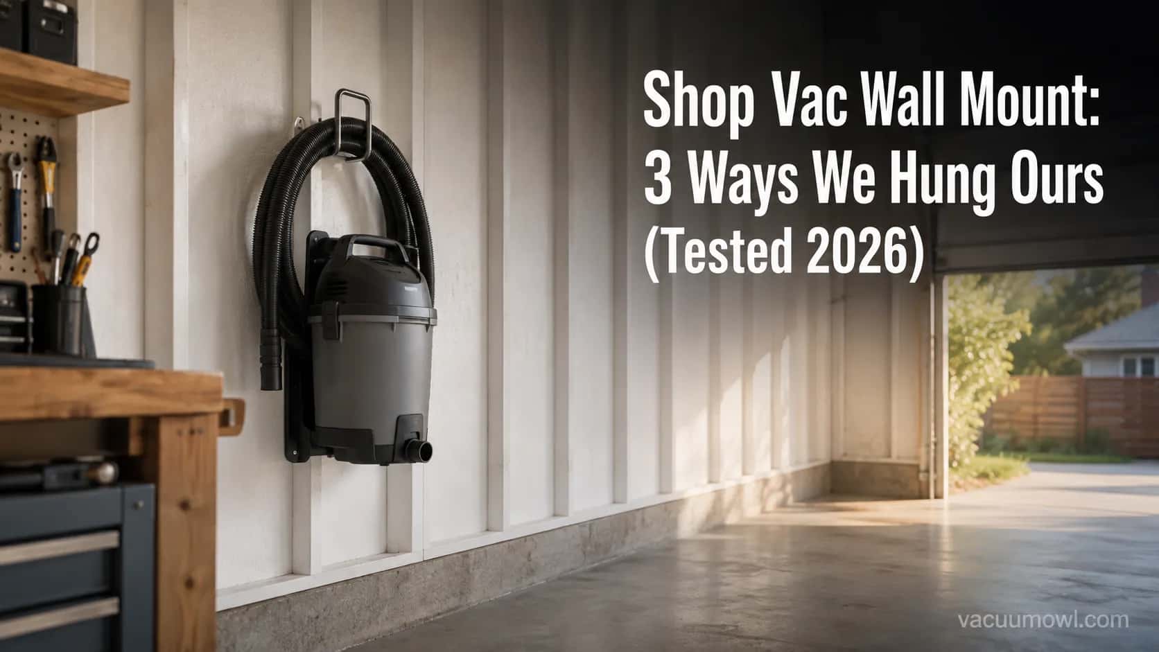 Shop vac wall mount holding a wet/dry vacuum on a clean garage stud wall with the floor swept clear beneath it.