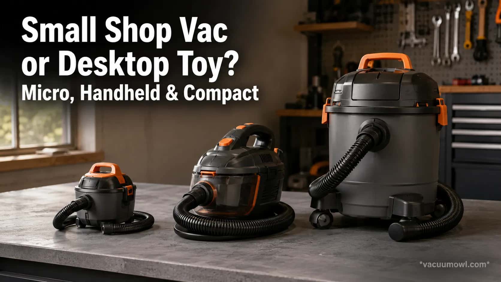 three small shop vacs arranged by size from one gallon micro to four gallon compact on a workbench