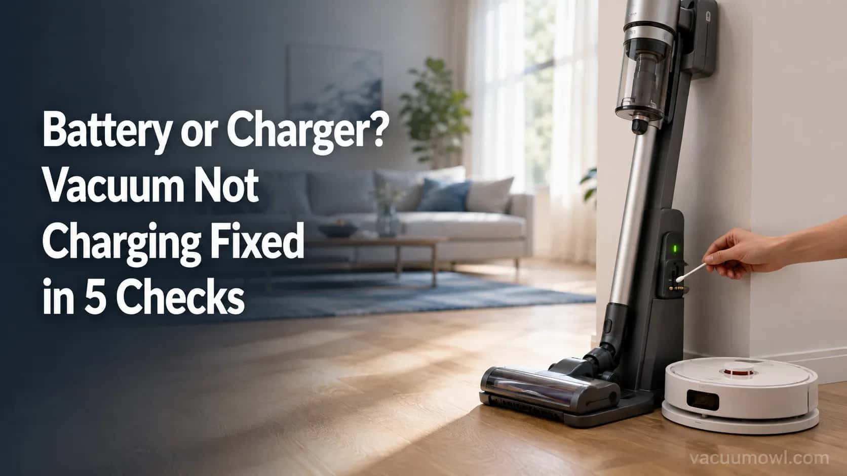 cordless and robot vacuum on charging docks with a hand cleaning the charging contacts