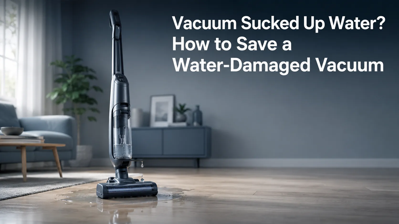 Modern upright stick vacuum standing in a shallow puddle on a light wood floor, showing water damage after accidentally sucking up water.