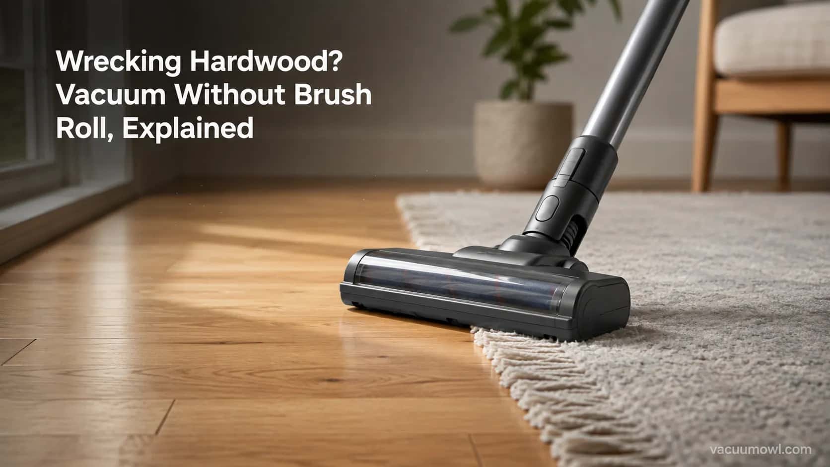 Vacuum head without brush roll engaged on hardwood beside a wool rug