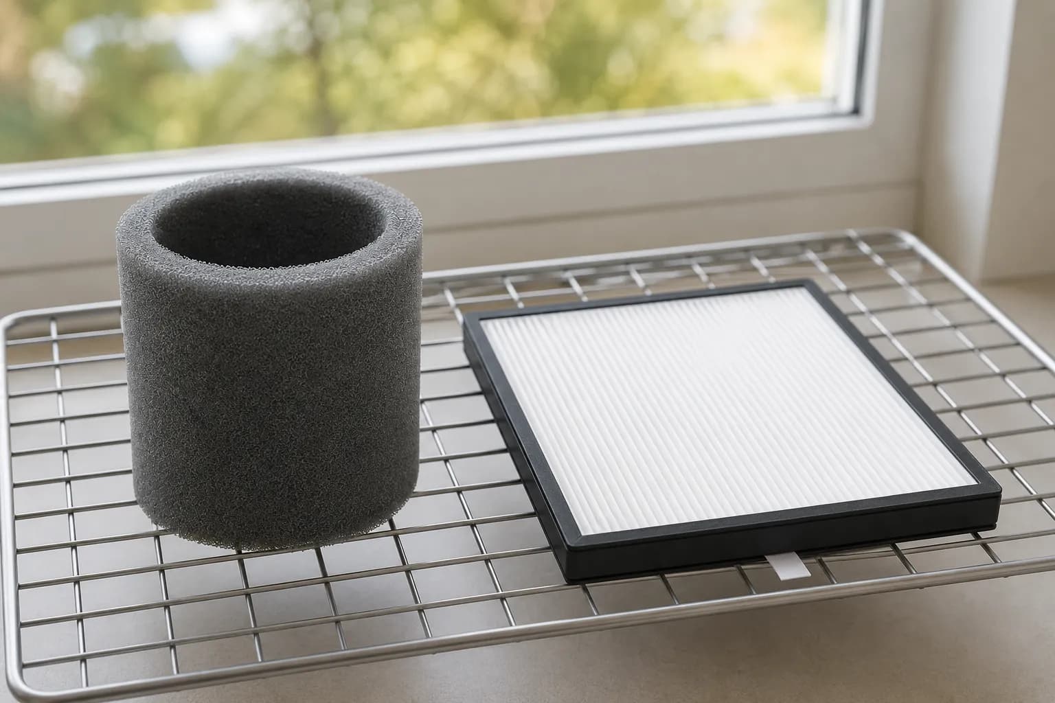 Grey foam vacuum filter and white HEPA filter drying on a wire rack near a window before being reinstalled in a Shark-style vacuum.