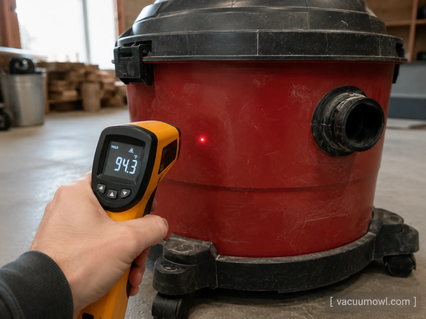 Infrared thermometer reading on a shop vac canister during a cold-ash test.