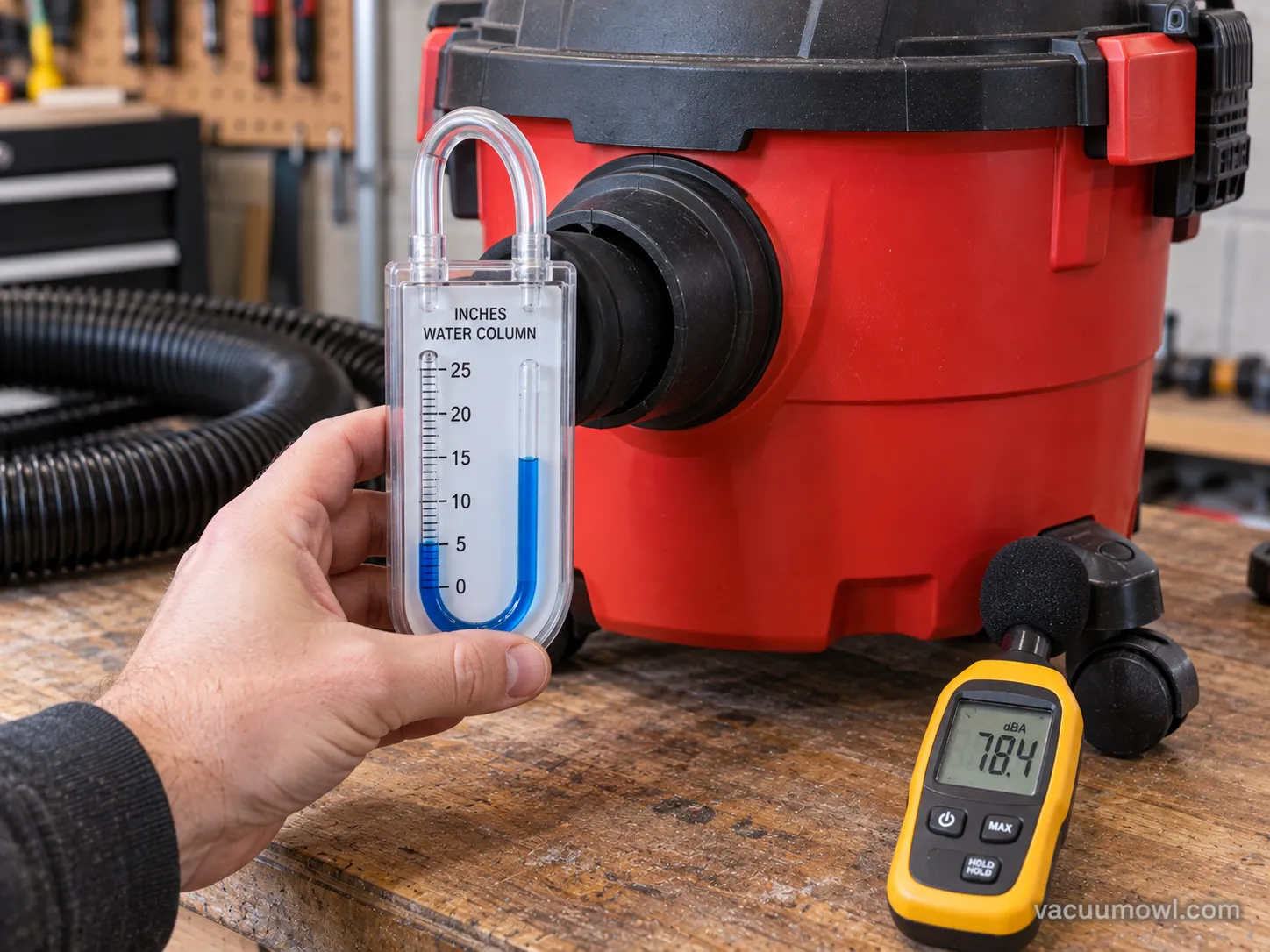 testing an auto wet dry vacuum water lift with a manometer at the port