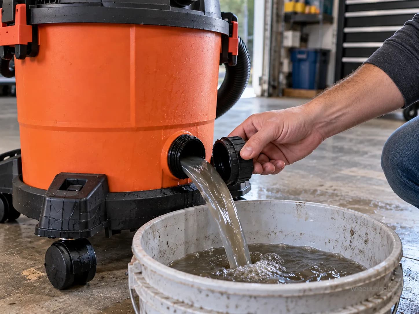 draining a Bauer shop vac tank through the bottom drain plug into a bucket.
