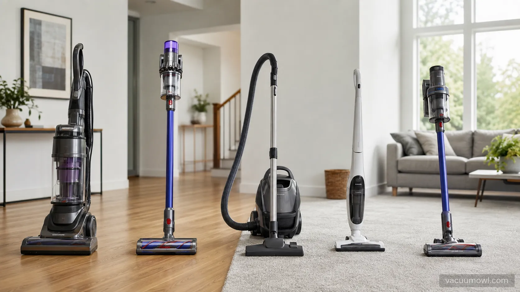 Five vacuum types staged on a hardwood-to-carpet floor transition