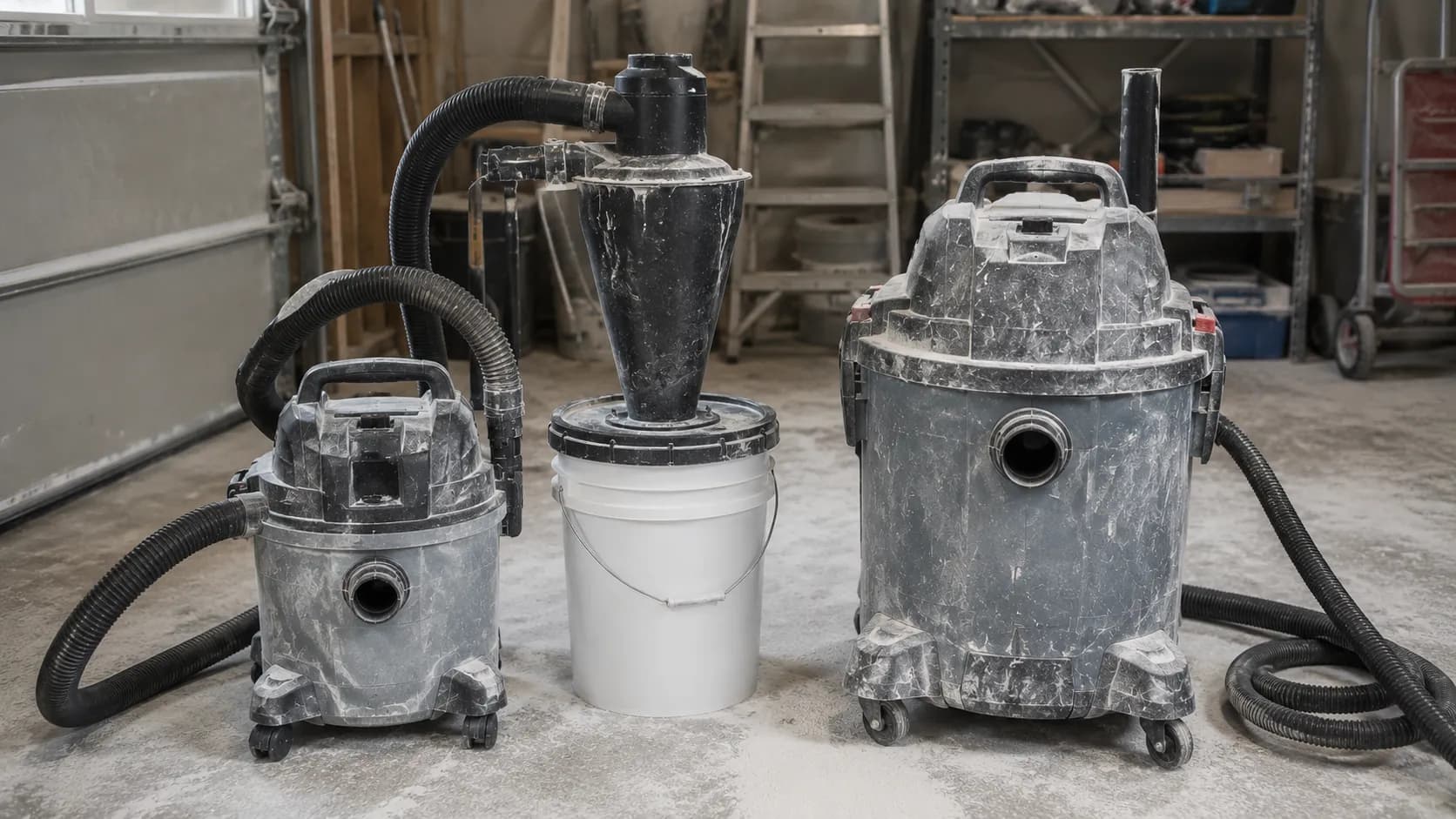 A mid-size shop vac with cyclone separator next to a larger bare-tank shop vac
