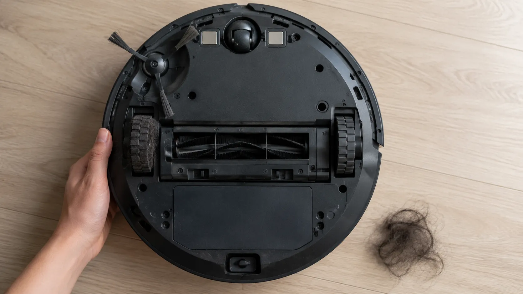 Overhead view of a Bissell CleanView Connect robot vacuum flipped over with hair wrapped around the left drive wheel and the removed hair placed beside it.