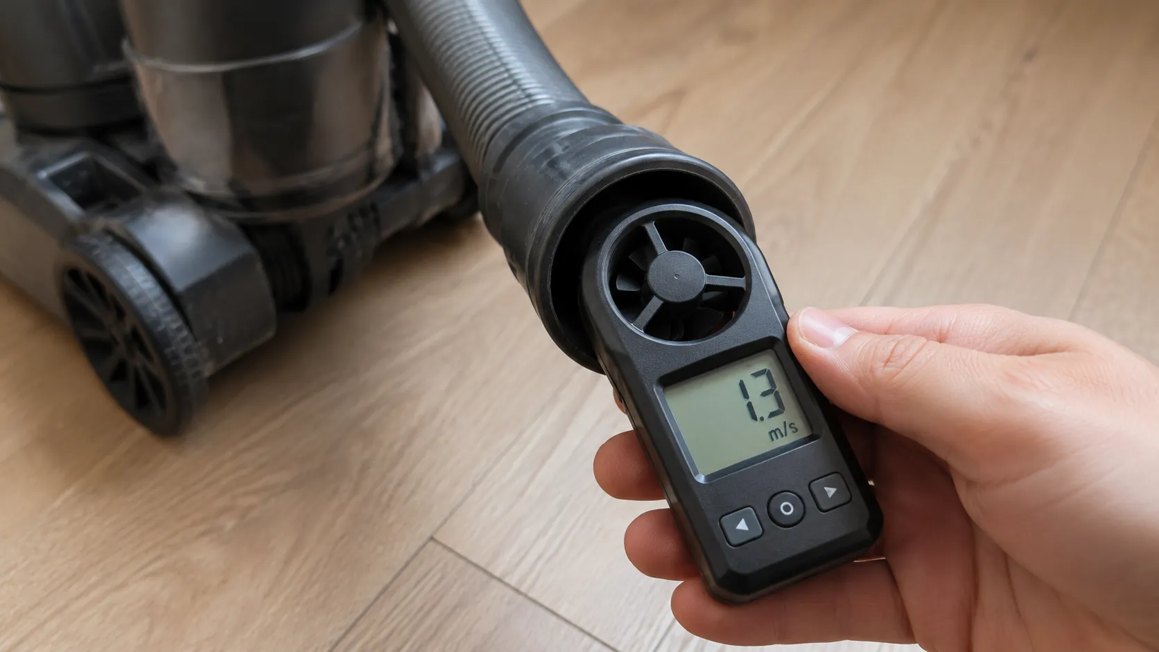 Handheld anemometer showing 1.3 m/s airflow at the hose cuff of a blocked Bissell CleanView vacuum before the lower hose is removed.