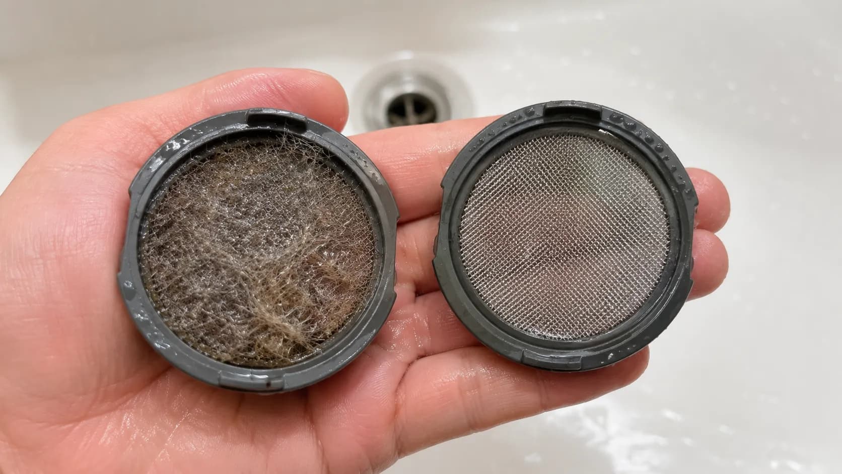 Close-up comparison of a clogged Bissell CrossWave dirty water tank float screen covered in pet hair and lint beside a clean rinsed screen.