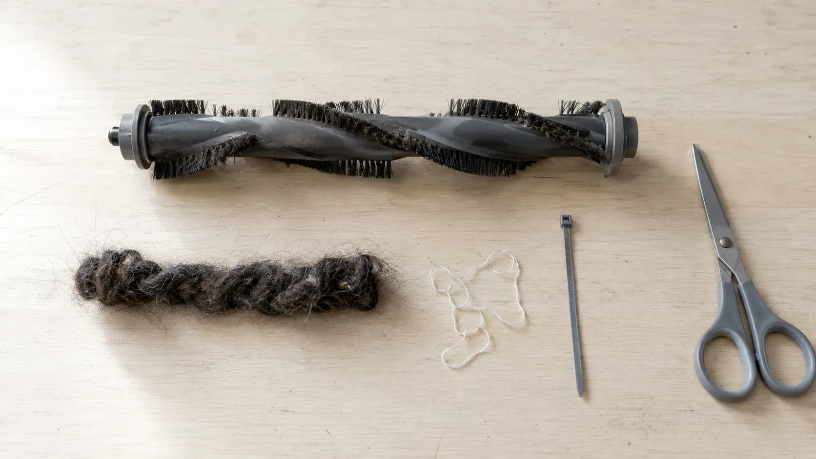 Overhead photo of a Bissell Pet Hair Eraser brush roll with pet hair, white thread and a grey cable tie removed from the end caps, laid out on a pale workbench.