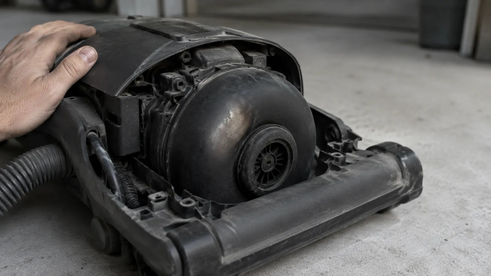 Close-up of the exposed motor housing on a retired Bissell PowerForce Helix 2191 vacuum, showing dust, wear and faint heat discolouration.