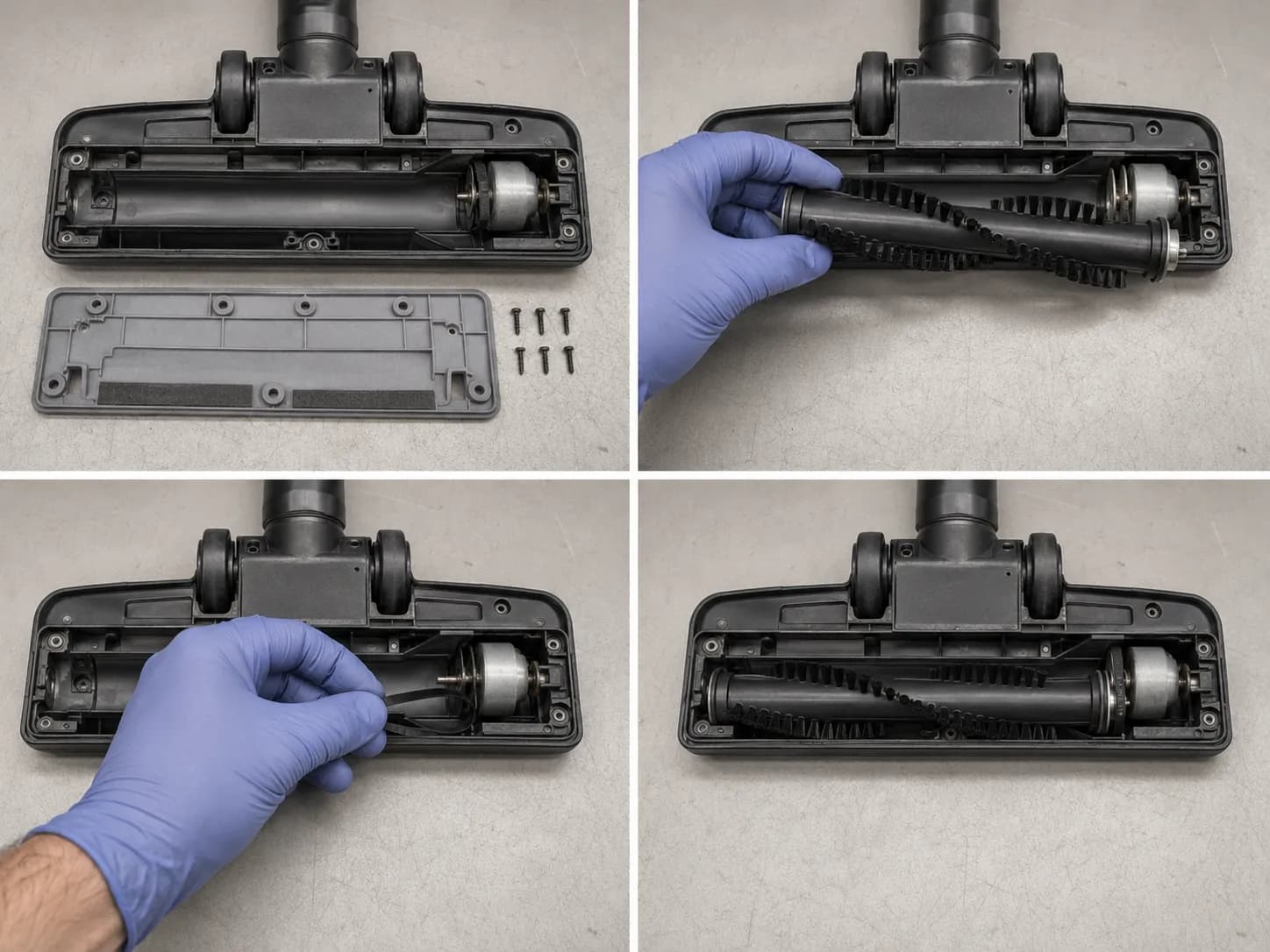 Four-step Bissell PowerForce vacuum belt replacement showing the sole plate removed, brush roll lifted, new belt fitted over the motor shaft and roll reseated.