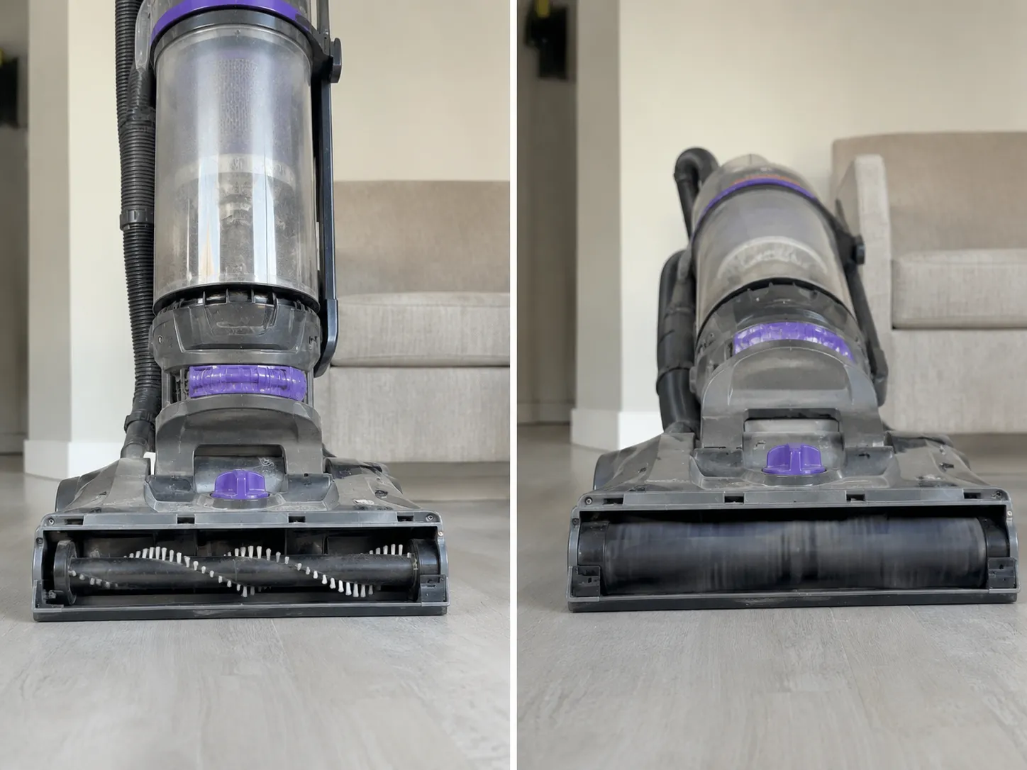 Side-by-side view of the same Bissell vacuum showing the brush roll stopped while upright and spinning once the machine is reclined.