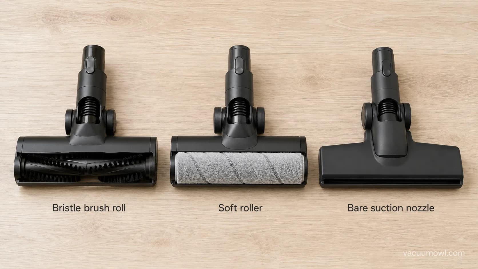Bristle brush roll, soft roller, and bare suction vacuum heads compared