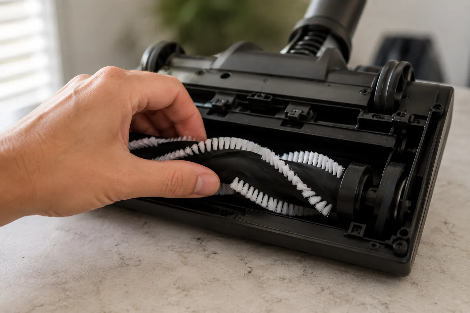 Hand rotating the brushroll of an upside-down Shark-style DuoClean floor nozzle to check drive belt tension on a workbench.