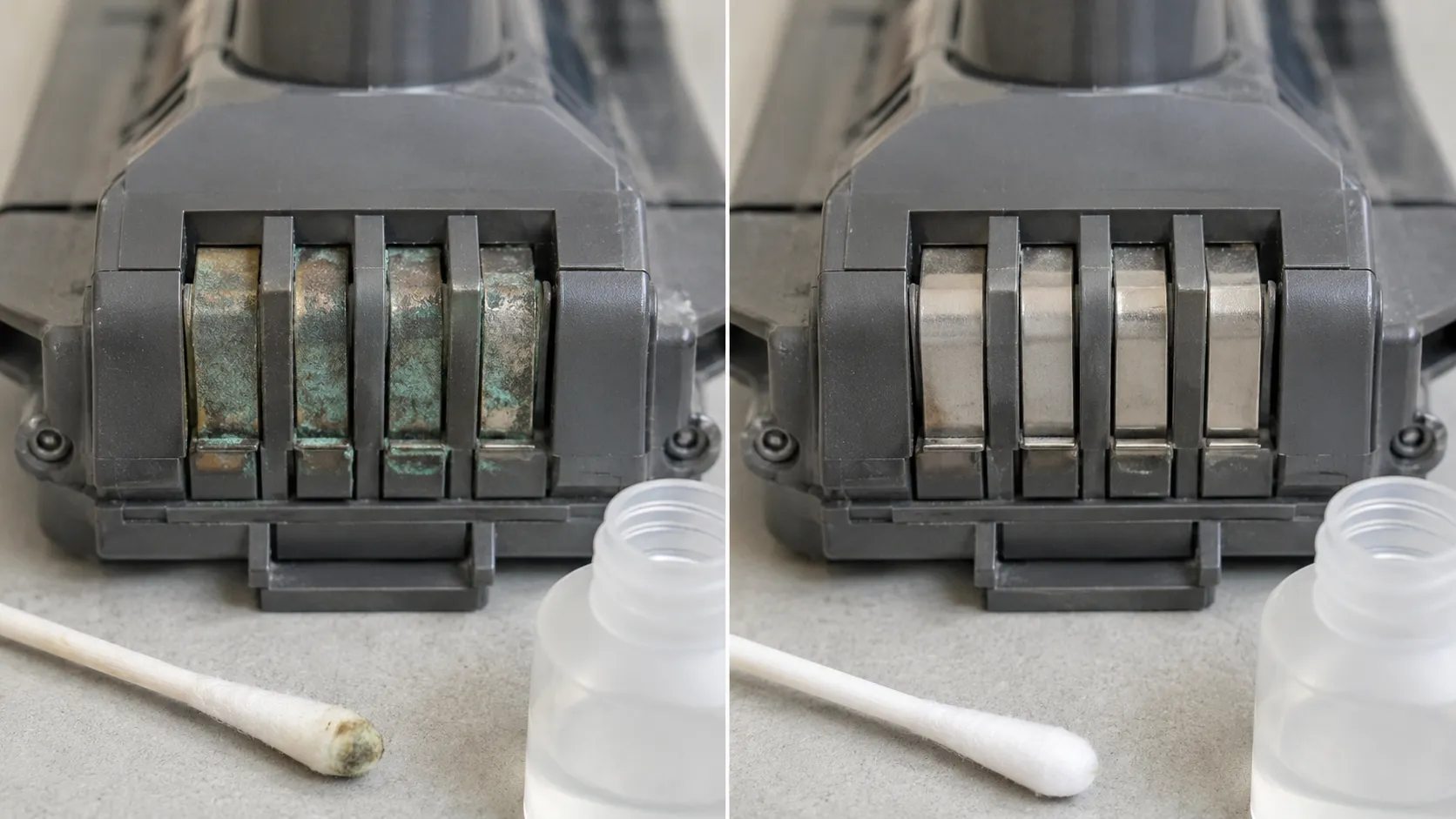 Before-and-after close-up of corroded cordless vacuum battery contacts cleaned with isopropyl alcohol, showing green corrosion removed from the metal contacts.