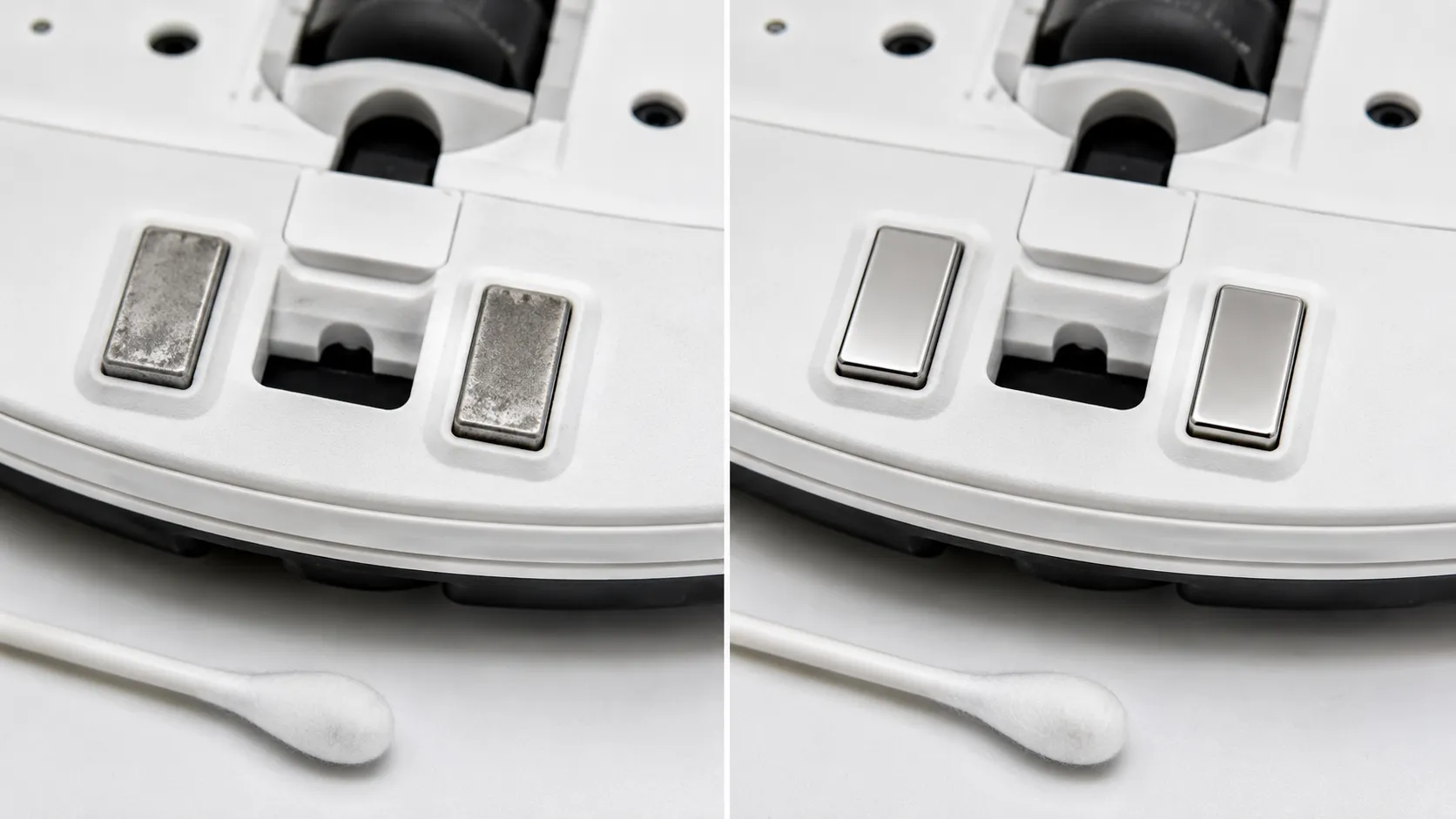 Side-by-side close-up of Shark-style robot vacuum charging contacts showing dull oxidised metal before cleaning and bright clean metal after wiping with a cotton swab.