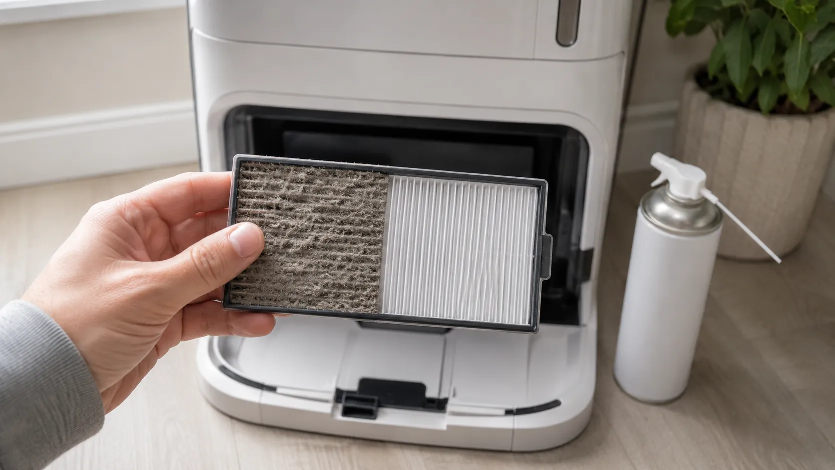 Hand holding a Shark-style robot vacuum self-empty base filter showing one dusty grey half and one clean white half, with the open base and a can of compressed air nearby.