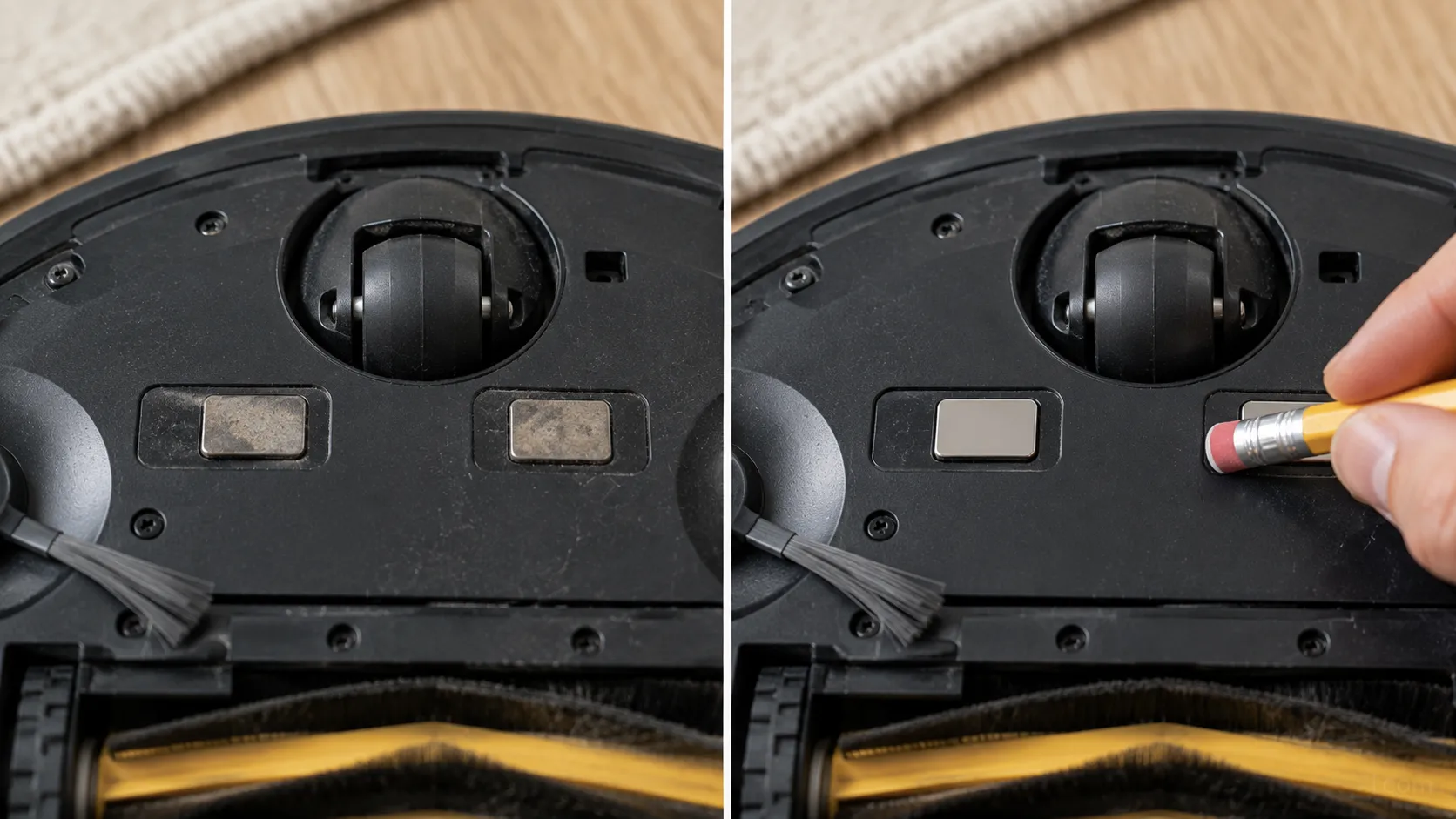 cleaning oxidized vacuum charging contacts before and after with a pencil eraser