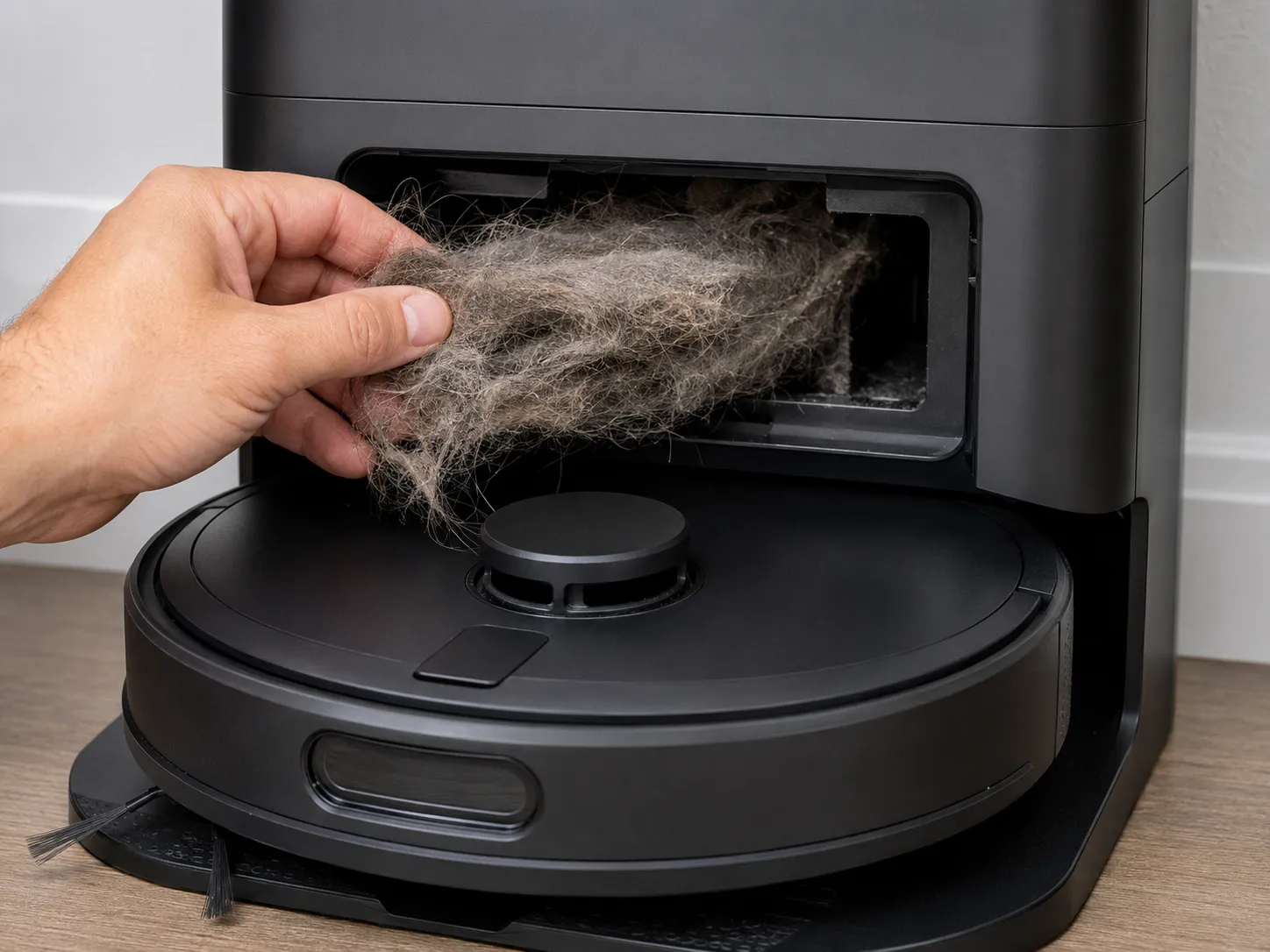 Hand pulling a wad of matted pet hair from the dust bin chute of a black Shark-style robot vacuum on a self-empty base to clear Error 26.