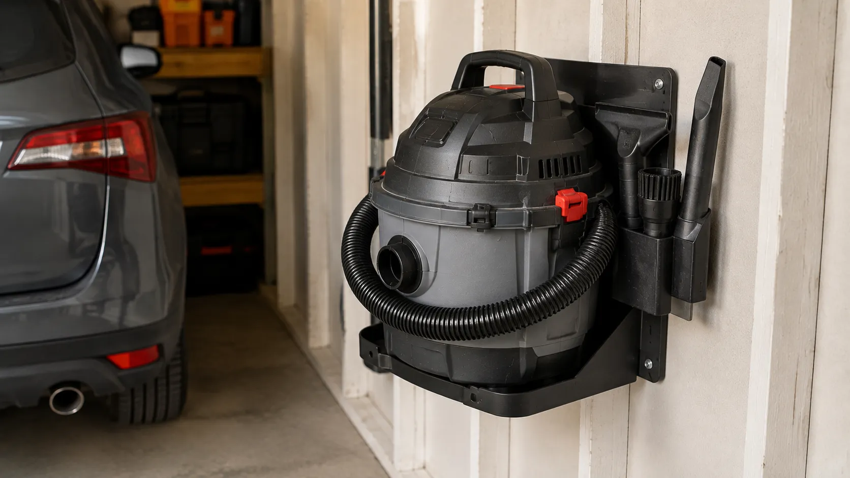 Compact hang-up shop vac mounted on a garage wall with its accessory caddy loaded.