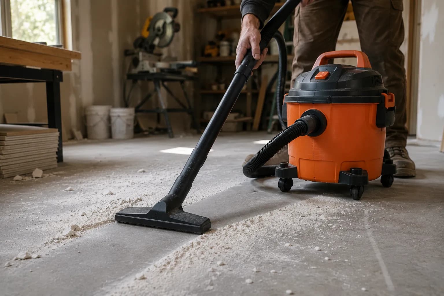 four gallon compact shop vac picking up drywall dust on a workshop floor