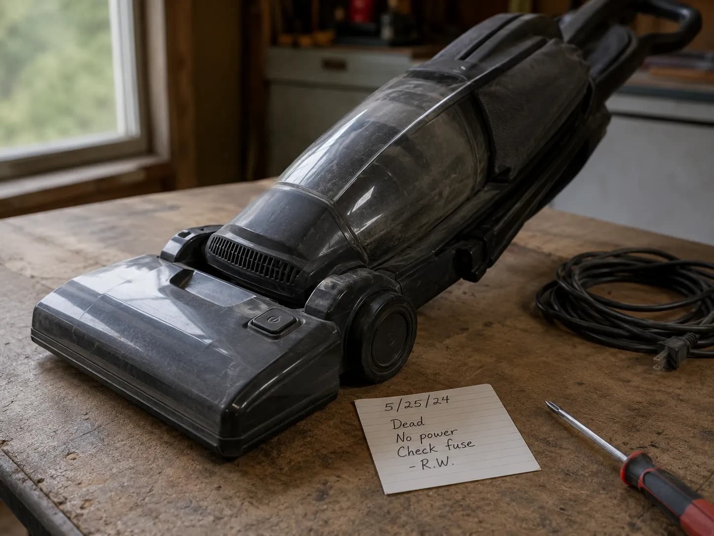 Dead corded upright vacuum lying on a workshop bench with a note card, coiled power cord and screwdriver after being powered on while still damp.