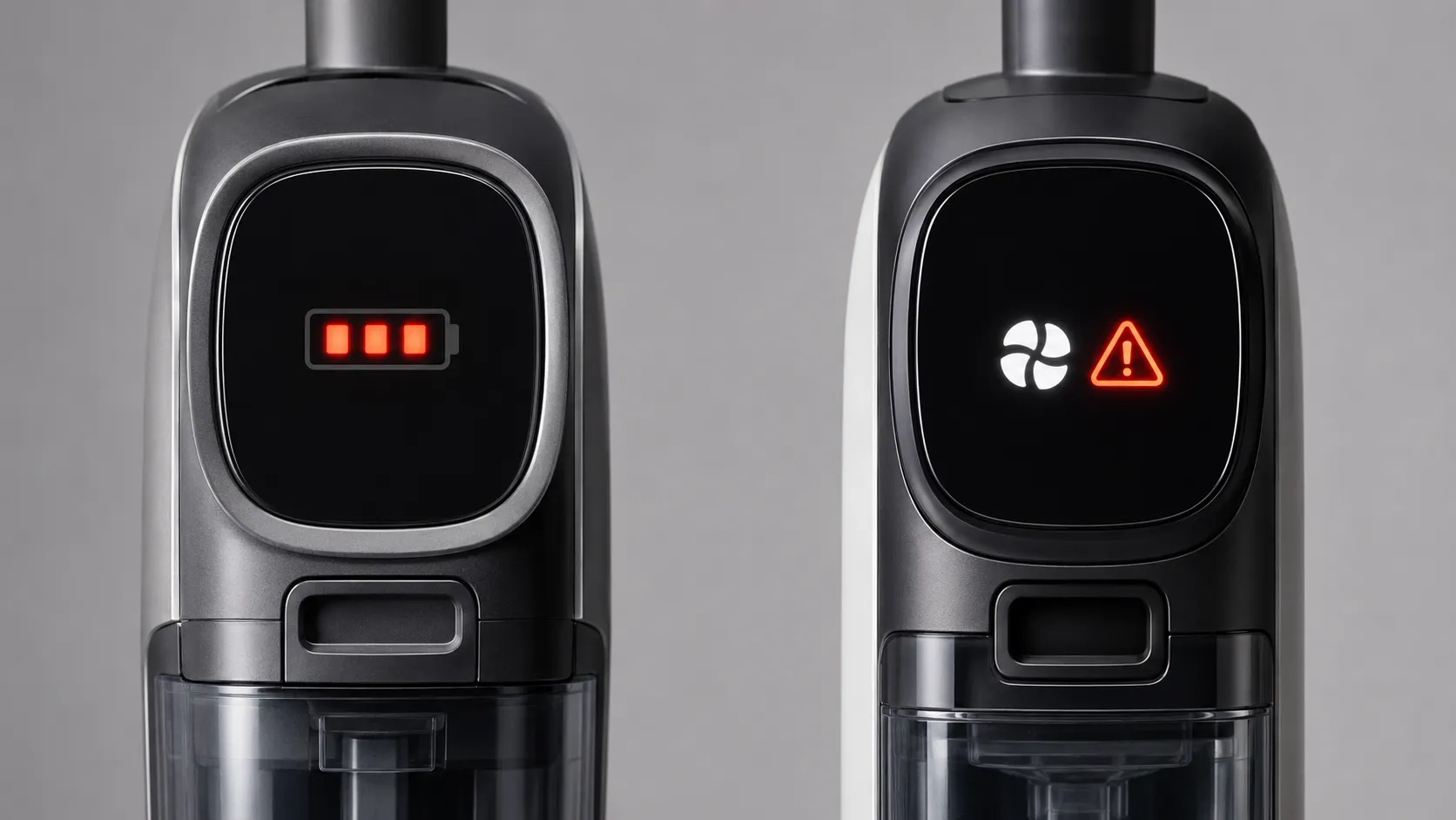 Two cordless floor cleaner control displays showing different warning indicators for the same jammed brush roll fault, including red battery-style lights and a fan warning icon.