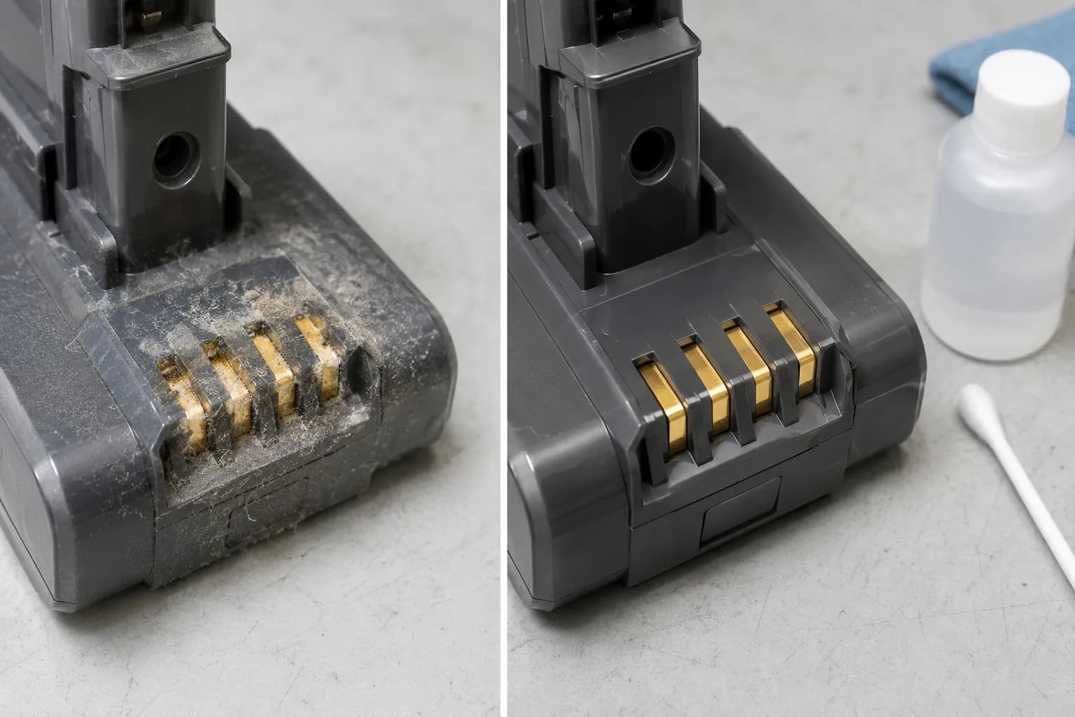 Before-and-after close-up of cordless vacuum battery contacts, showing dusty gold terminals on the left and clean terminals with a cotton swab and isopropyl alcohol on the right.