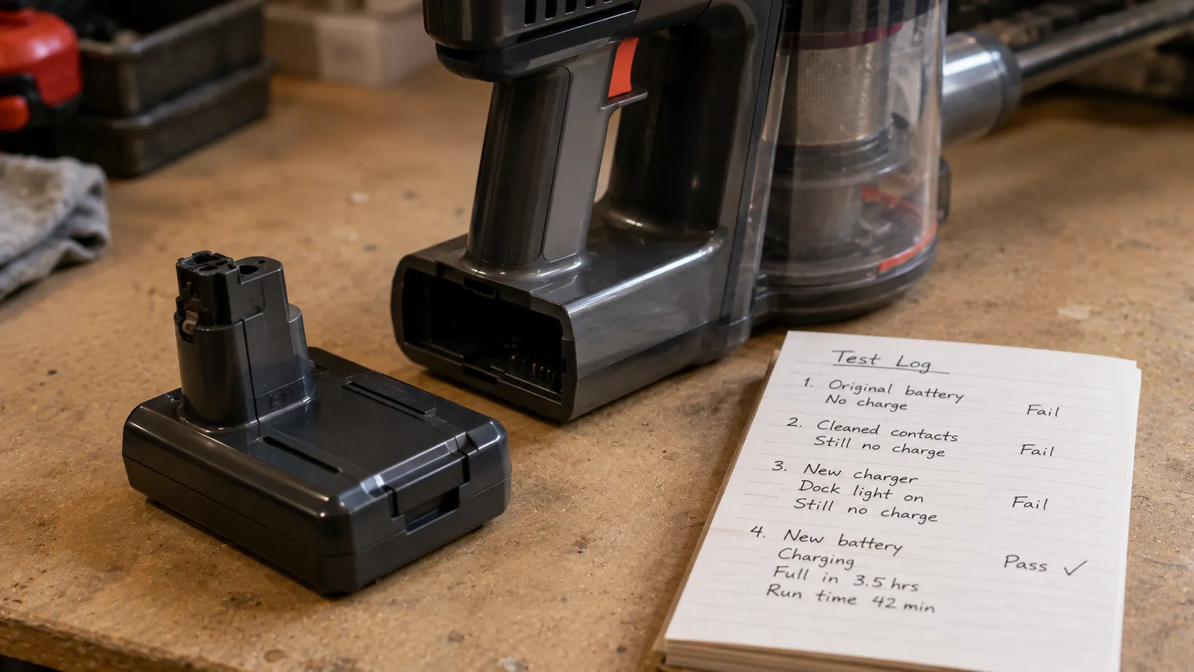 cordless vacuum battery pack replacement with a test-outcome log