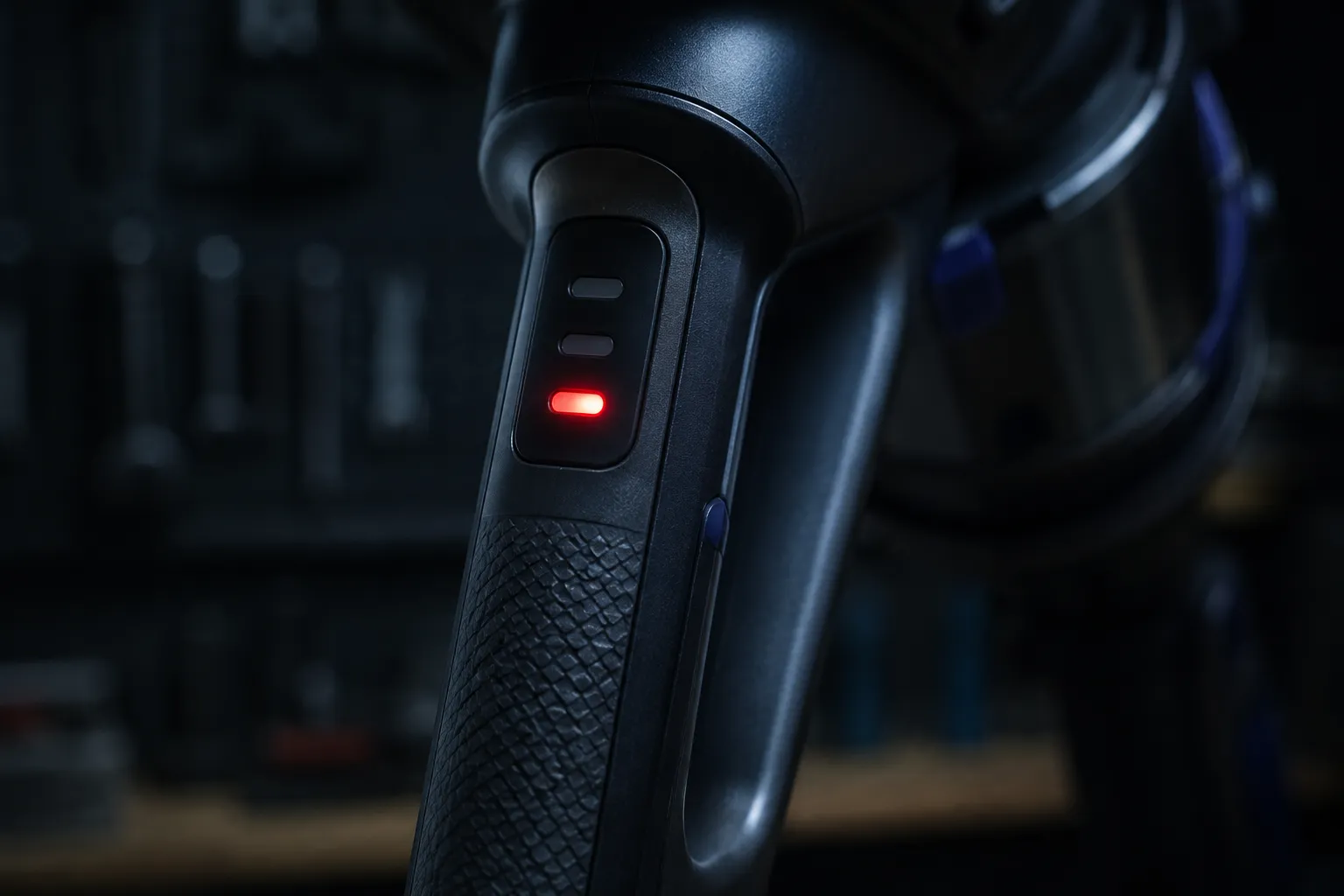 Close-up of a cordless stick vacuum battery indicator showing a glowing red LED, suggesting a shorted battery after water damage.