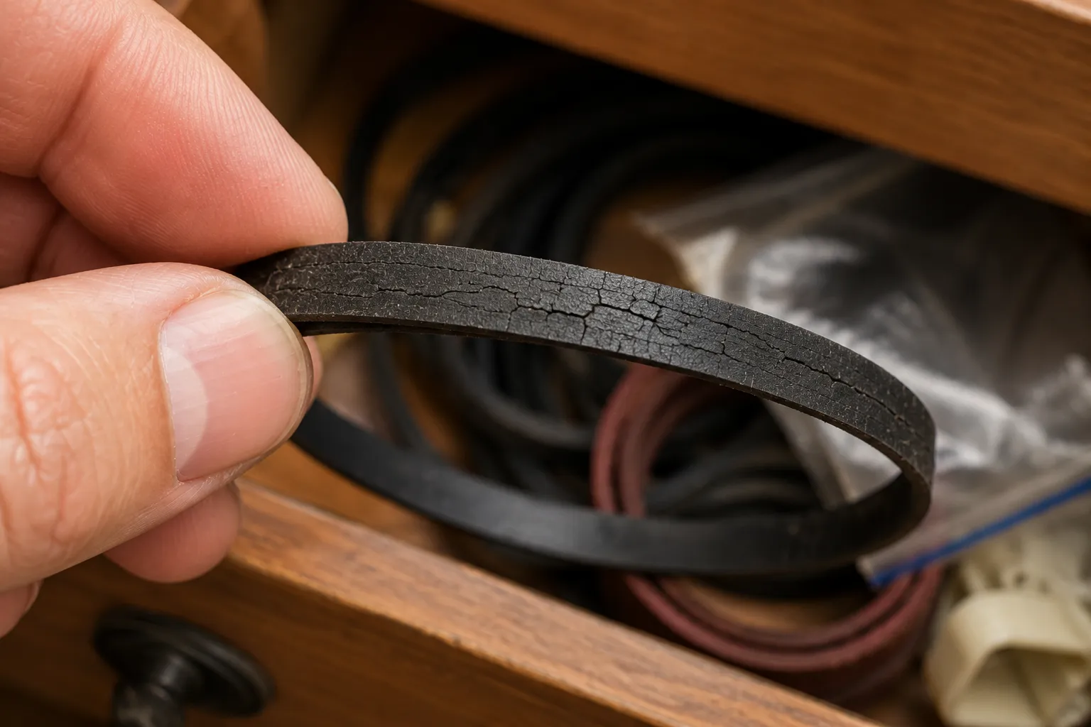 old cracked unused vacuum belt showing rubber degradation over time